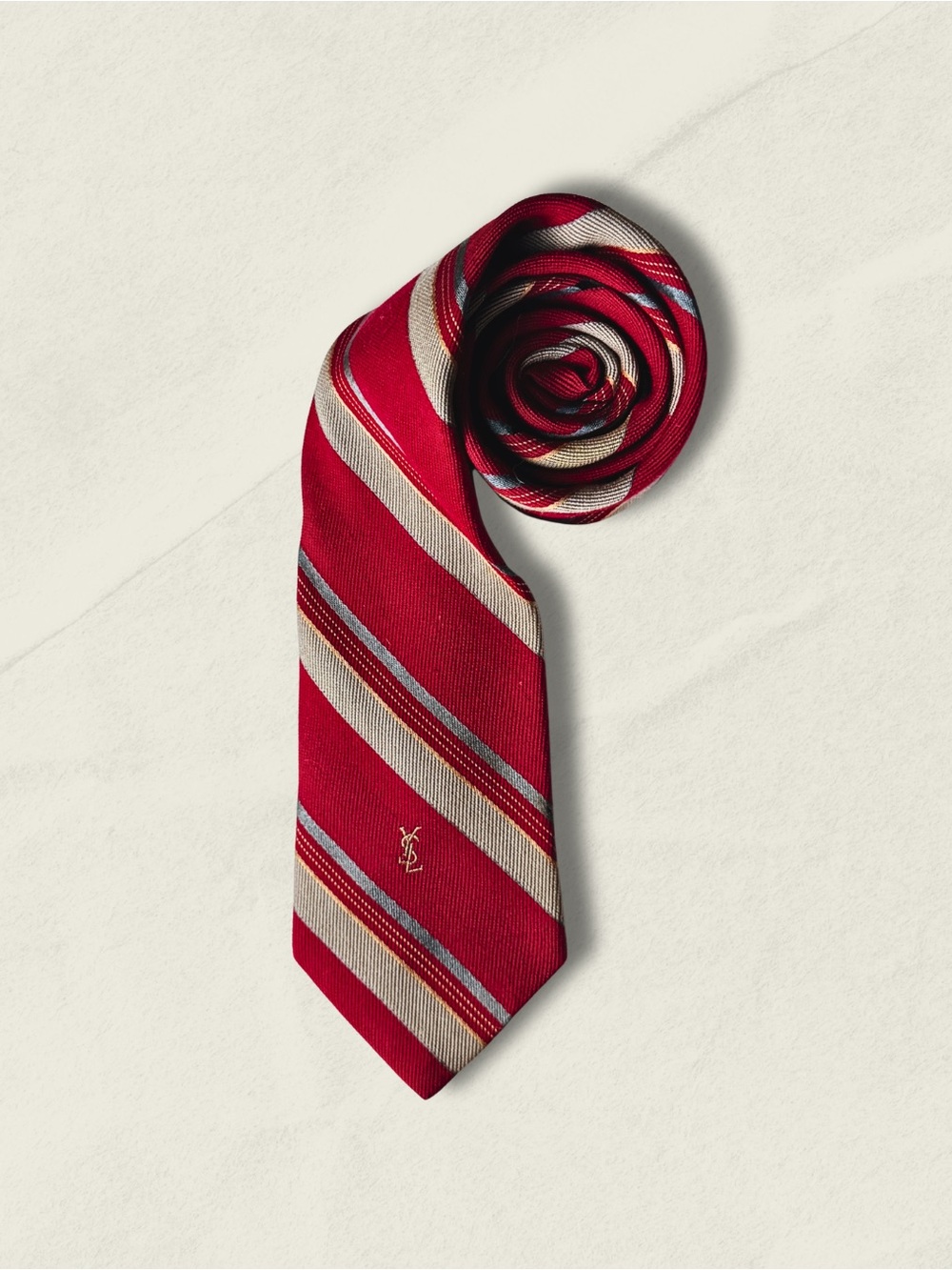 Vintage Yves Saint Laurent Repp-Stripe Embroidered YSL Monogram Regimental Tie